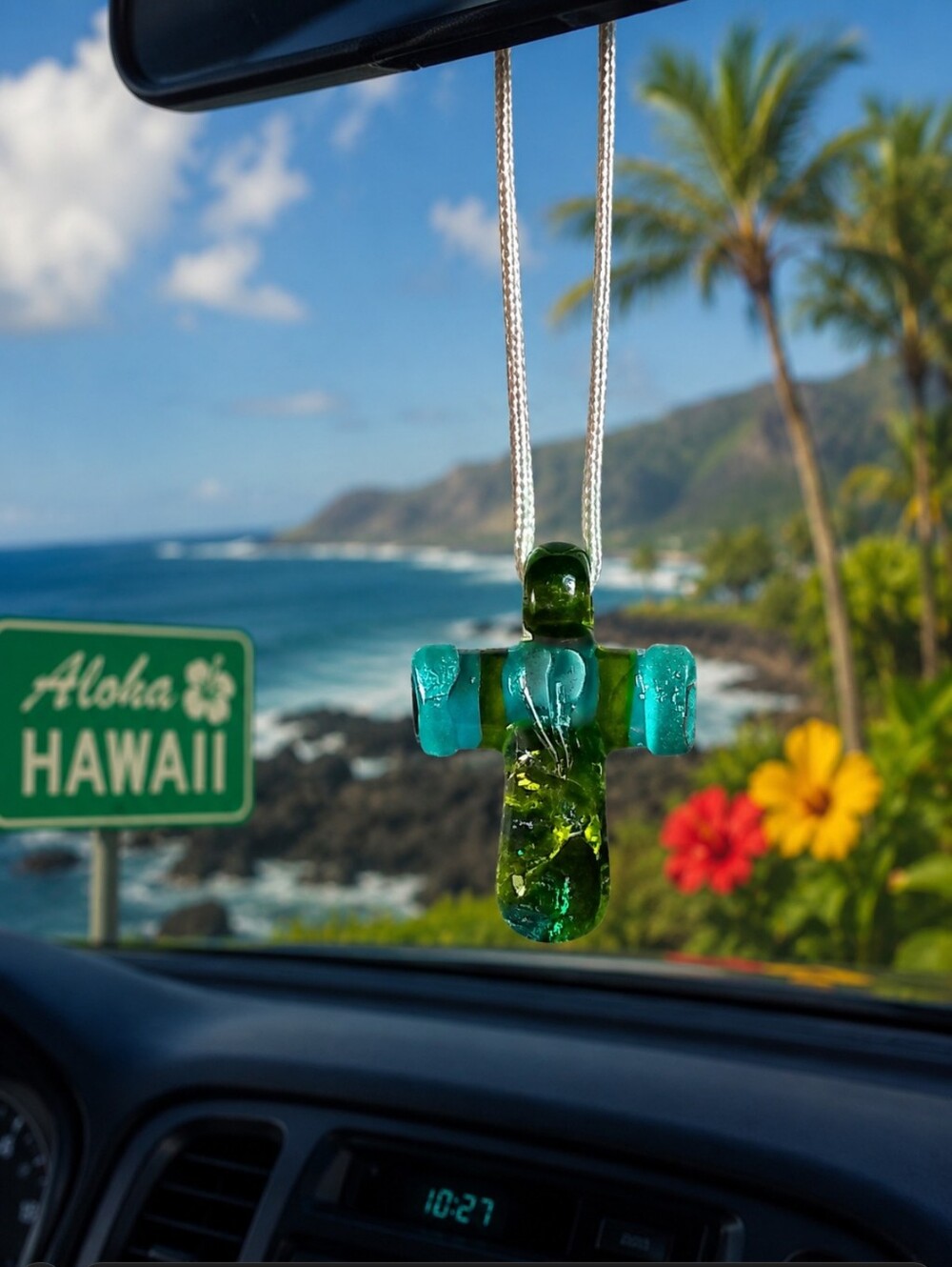 Handmade In Hawaii Teal & Green Murano Glass Cross Custome Made By Artist Steve